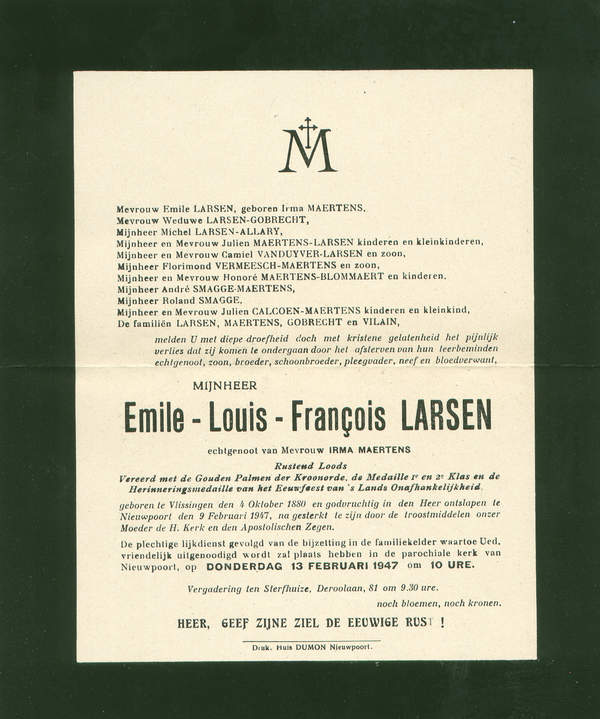 Overlijdensbrief Emile-Louis Larsen